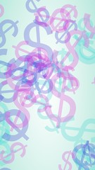 Multicolored translucent dollar signs on white background. Red tones. 3D illustration