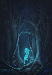 The girl in a forest. Fantasy illustration with a nymph or dryad. Digital painted scene.  - obrazy, fototapety, plakaty