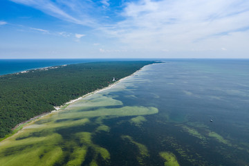Aerial view of Hel Peninsula in Poland, Baltic Sea and Puck Bay (Zatoka Pucka) Photo made by drone from above.