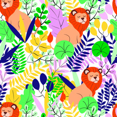 Lions, tropical, jungle  botanical, fashion vector seamless pattern. Concept for wallpaper, wrapping paper, cards