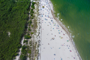 Aerial view of Hel Peninsula in Poland, Baltic Sea and Puck Bay (Zatoka Pucka) Photo made by drone from above.