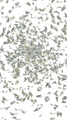 Flying dollars banknotes isolated on white background. Money is flying in the air. 100 US banknotes new sample. 3D illustration