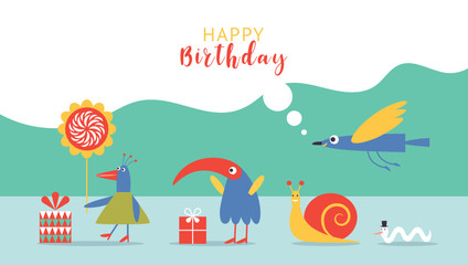Happy Birthday card design,banner template.  Greeting card.children illustrations style. Cute birds , snail and little worm,  gift card.