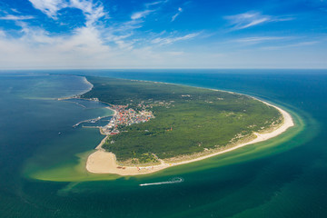 Aerial view of Hel Peninsula in Poland, Baltic Sea and Puck Bay (Zatoka Pucka) Photo made by drone...