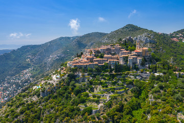 Fototapeta na wymiar Aerial view of medieval village of Eze, on the Mediterranean coastline landscape and mountains, French Riviera coast, Cote d'Azur. France.