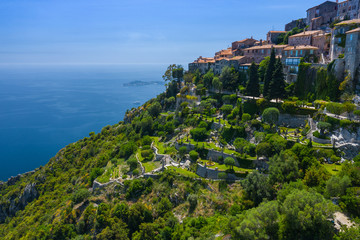 Aerial view of medieval village of Eze, on the Mediterranean coastline landscape and mountains, French Riviera coast, Cote d'Azur. France.