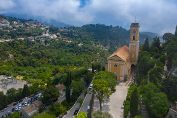 Obraz premium Aerial view of medieval village of Eze, on the Mediterranean coastline landscape and mountains, French Riviera coast, Cote d'Azur. France.