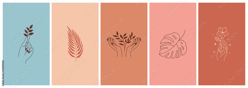 Poster Vector set of abstract logo design templates in simple linear style - hands and plants - mystic abstract symbols for social media stories highlights and posts