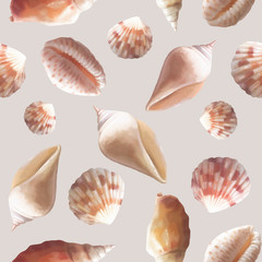 Beach seashell seamless pattern. Hand drawn summer delicate texture on pastel background
