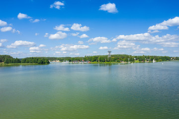 Aerial view of Wdzydze Landscape Park. Kashubian Landscape Park. Kaszuby. Wdzydze Kiszewskie. Poland. Bird eye view.