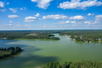 Aerial view of Wdzydze Landscape Park. Kashubian Landscape Park. Kaszuby. Wdzydze Kiszewskie. Poland. Bird eye view.