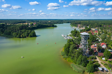 Aerial view of Wdzydze Landscape Park. Kashubian Landscape Park. Kaszuby. Wdzydze Kiszewskie. Poland. Bird eye view. - obrazy, fototapety, plakaty