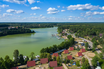 Aerial view of Wdzydze Landscape Park. Kashubian Landscape Park. Kaszuby. Wdzydze Kiszewskie. Poland. Bird eye view.