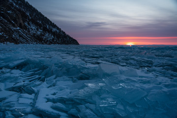 Sunrise on the shore of Olkhon Iceland, Baikal, Russia, february 2020