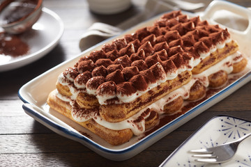 Whole freshly made Italian tiramisu dessert