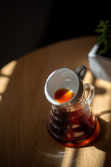 Black filter coffee on the table in cafe service kettle hario pour over cup