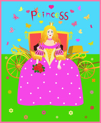 Princess in a pink dress with roses and golden carriage