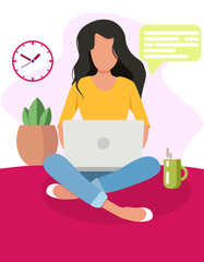 Girl with laptop sitting on a floor. Concept illustration for working, freelancing, studying, education, work from home, chatting, social networks. Vector illustration 