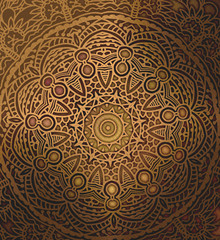 Mandala wallpaper, tracery round boho style. Ethnic ornament background. Folk, meditation design. Colored curved shape.
