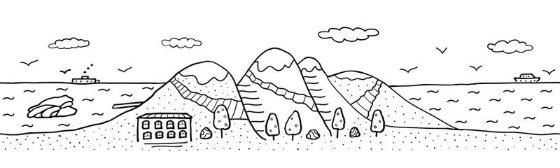 Seamless horizontal landscape mountain and sea nature ready for footer or header web site or landing page design. Set of vector illustration doodle black and white isolated on white background