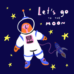 Astronaut flying in outer space with universe around on spaceship. Vector illustration in cartoon style
