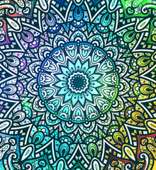 Mandala wallpaper, tracery round boho style. Ethnic ornament background. Folk, meditation design. Colored curved shape.
