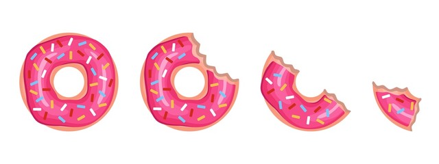 Eaten donut. Whole and half-eaten doughnuts with glaze, kids pastry for home breakfast. Round sweets for design bakery vector set