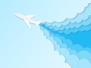 Airplane in blue sky. Flight plane in origami style, aviation tourism. Summer travelling paper cut vector transportation concept