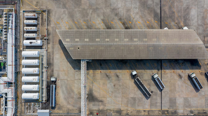 Aerial view white storage tank gas in station LPG gas, LNG or LPG distribution station facility, Oil and gas fuel manufacturing industry.