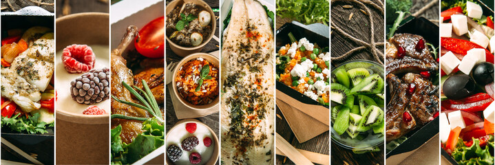 Various gourmet healthy dishes collage menu design