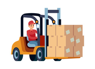 Loader with boxes. Worker carrying box or container, deliveries design for logistic transportation vector concept