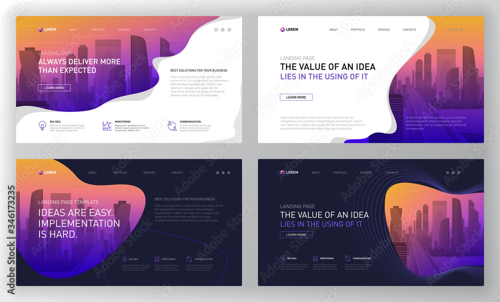 Wall mural landing page templates set for business website. modern web page design concept layout for website. 