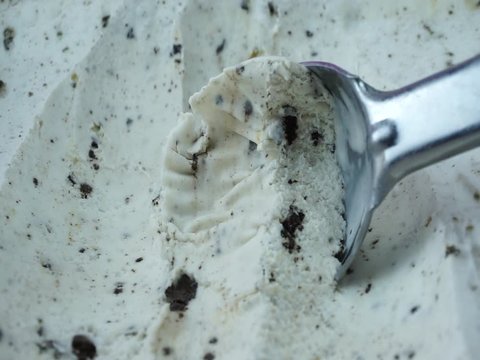 Spoon Ice cream flavour Cookies & Cream, Closeup Front view Food concept.