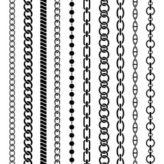 Chain borders. Seamless black chains of different shapes, metal links. Braided ropes, jewelry elements luxury repeating pattern vector set