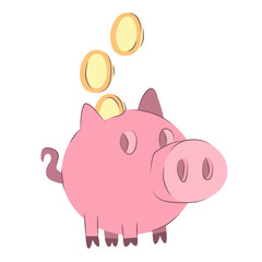 Piggybank. Moneybox with falling gold coins. Illustration of savings dollar, piggybank and moneybox investing