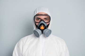 Closeup photo of professional guy disinfectant scientist experimental laboratory vaccine research...