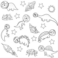 cute dinosaur astronauts in space with spaceships and planets, outlines on white background, seamless vector pattern. children's, for fabric, Wallpaper, paper, coloring page