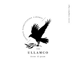 Fototapeta premium Vector design linear template logo or emblem - crow with branch. Template symbol for personal brand, psychology, astrology and esoteric.