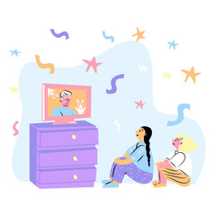 Two little girls study online, sitting at home. Online education and teaching courses. Vector flat cartoon illustration