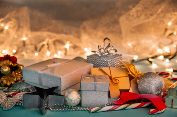 Close-up of gift box and Christmas decorations