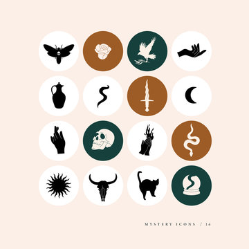 Vector set mystical icons and emblems - social media story highlight. Different bohemian icons in trendy linear style isolated on white background.