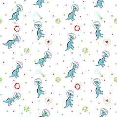 cute dinosaur astronauts in space with spaceships and planets, multicolored on white background, seamless vector pattern. children's, for fabric, Wallpaper, paper