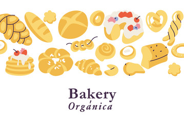 Vector illustartion background assortment of different pastries.. Bakery shop.