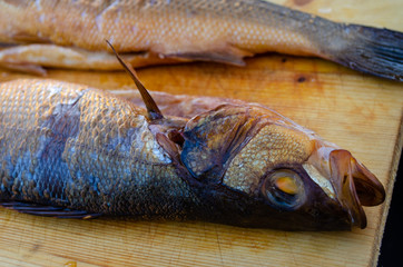 Fresh fish in the smokehouse. Smoked fish. Cooking smoked fish in nature. Tasty smoked fish.
