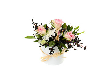 Beautiful, stylish vintage bouquet of pink roses, white chrysanthemum and black elderberry in a...