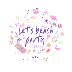 Let's beach party. Summer banner with colorful beach elements such as beach umbrella, inflatable pink Flamingo, lifebuoy,etc. Beach and surfings design for poster, t-shirt or cards.Vector illustration