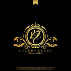 I & Z IZ logo initial Luxury ornament emblem. Initial luxury art vector mark logo, gold color on black background.