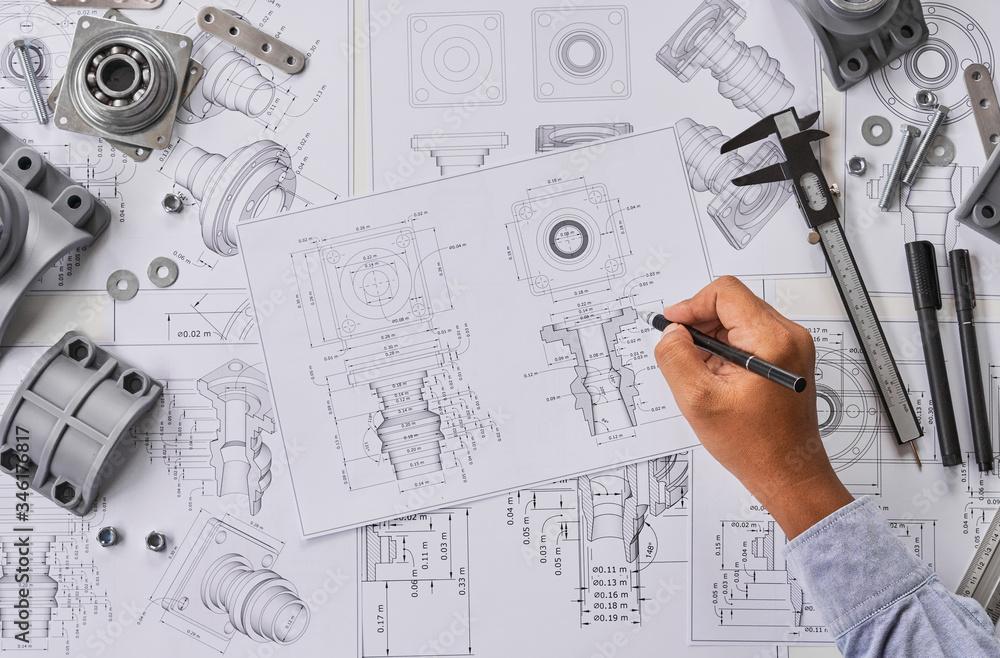 Poster engineer technician designing drawings mechanical parts engineering engine.manufacturing factory ind
