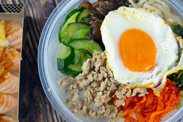 Bibimbap in a plastic bowl, Korean food
