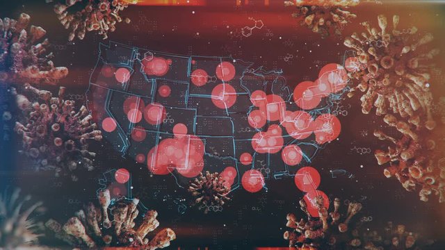 Motion graphics map of USA with the localization and spread of the epidemic across the country. Suitable for mapping outbreaks of diseases, epidemics, the spread of crisis situations, emergency events